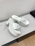 CHANEL WEDGE PLATFORM WHITE LAMBSKIN WITH FLOWER