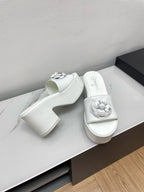 CHANEL WEDGE PLATFORM WHITE LAMBSKIN WITH FLOWER
