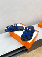 HERMES CHYPRE SANDAL AZURE SUEDE WITH H BUCKLE