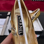 CHANEL HIGH MARY JANE IN GOLDEN CALFSKIN AND BLACK SATIN