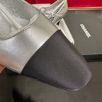 CHANEL HIGH MARY JANE IN SILVER CALFSKIN AND BLACK SATIN