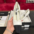 CHANEL HIGH MARY JANE IN WHITE CALFSKIN AND BLACK SATIN