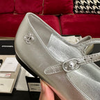 CHANEL MARY JANE ROUND TOE IN SILVER CALFSKIN AND BLACK SATIN