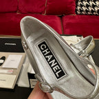 CHANEL MARY JANE ROUND TOE IN SILVER CALFSKIN AND BLACK SATIN