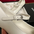CHANEL MARY JANE SHOES IN WHITE CALFSKIN AND BLACK SATIN