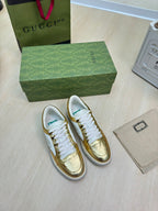 GUCCI INTERLOCKING G SNEAKER GOLD CALFSKIN AND FABRIC