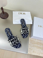 DIOR DWAY SLIDE EMBROIDERED COTTON AND NAVY BLUE MISS  ALLOVER MOTIF