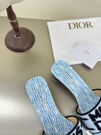 DIOR DWAY HEELED SLIDE EMBROIDERED COTTON AND LIGHT PINK MISS  ALLOVER MOTIF 35 MM