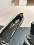 CHANEL BALLET FLATS IN SILVER GLITTERED TULLE AND BLACK SATIN