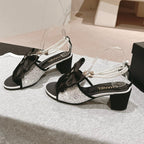 CHANEL HIGH SANDAL WITH PEARL CHAIN BLACK LAMBSKIN WITH WHITE RHINESTONES