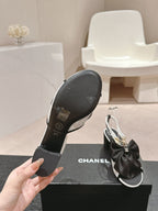 CHANEL HIGH SANDAL WITH PEARL CHAIN BLACK LAMBSKIN WITH WHITE RHINESTONES