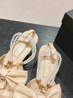 CHANEL HIGH SANDAL WITH PEARL CHAIN IN BEIGE CREAM LAMBSKIN