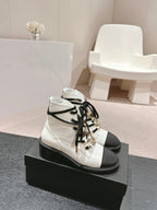 CHANEL OXFORD SHORT BOOTS WHITE MIX BLACK SHEEPSKIN