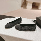 CHANEL BALLET FLATS IN BLACK MIX WHITE TWEED AND SATIN