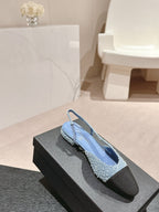 CHANEL SLINGBACKS IN LIGHT BLUE DENIM AND BLACK SATIN