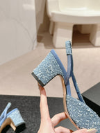 CHANEL HIGH SLINGBACKS IN LIGHT BLUE DENIM AND BLACK SATIN