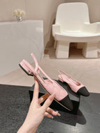 CHANEL SLINGBACKS IN LIGHT PINK LAMBSKIN AND BLACK SATIN