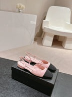 CHANEL SLINGBACKS IN LIGHT PINK LAMBSKIN AND BLACK SATIN