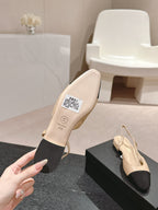 CHANEL SLINGBACKS IN BEIGE CREAM LAMBSKIN AND BLACK SATIN