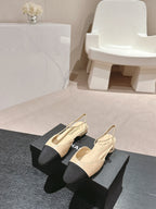 CHANEL SLINGBACKS IN BEIGE CREAM LAMBSKIN AND BLACK SATIN
