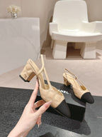CHANEL HIGH SLINGBACKS IN BEIGE CREAM LAMBSKIN AND BLACK SATIN