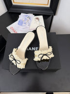 CHANEL WHITE GROSGRAIN CANVAS BOW MULE SANDALS 65 MM