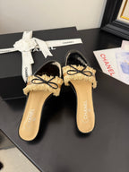 CHANEL SAND YELLOW GROSGRAIN CANVAS BOW MULE SANDALS 65 MM