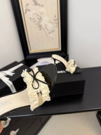 CHANEL WHITE GROSGRAIN CANVAS BOW MULE SANDALS 90 MM