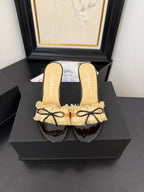 CHANEL SAND YELLOW GROSGRAIN CANVAS BOW MULE SANDALS 90 MM
