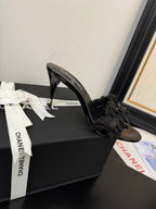 CHANEL BLACK GROSGRAIN CANVAS BOW MULE SANDALS 90 MM