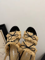 CHANEL SAND YELLOW GROSGRAIN CANVAS BOW SLINGBACK SANDALS