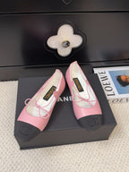 CHANEL FLAT MARY JANE PUMPS IN BABY PINK LAMBSKIN MIX BLACK FABRIC