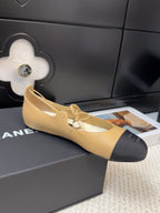 CHANEL FLAT MARY JANE PUMPS IN SUN YELLOW LAMBSKIN MIX BLACK FABRIC