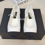 CHANEL FLAT MARY JANE PUMPS IN WHITE LAMBSKIN MIX BLACK FABRIC