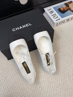 CHANEL FLAT MARY JANE PUMPS IN WHITE LAMBSKIN MIX BLACK FABRIC