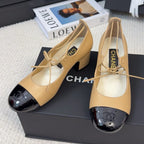 CHANEL MARY JANE PUMPS 55 MM IN SAND YELLOW MIX BLACK LAMBSKIN