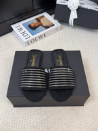 CHANEL FLAT SLIDE IN BLACK SUEDE WITH SILVER CHAIN