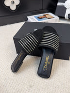 CHANEL FLAT SLIDE IN BLACK SUEDE WITH SILVER CHAIN
