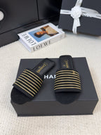CHANEL FLAT SLIDE IN BLACK SUEDE WITH GOLD CRYSTALS