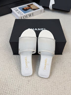 CHANEL FLAT SLIDE IN WHITE MESH AND SUEDE