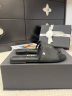 CHANEL FLAT SLIDE IN BLACK MESH AND SUEDE