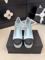 CHANEL FLATFORM SANDAL IN LIGHT BLUE CALFSKIN AND BLACK FABRIC