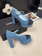 CHANEL FLATFORM SANDAL IN AEGEAN BLUE TWEED AND BLACK FABRIC