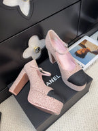 CHANEL FLATFORM SANDAL IN LIGHT PINK TWEED AND BLACK FABRIC
