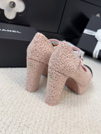 CHANEL FLATFORM SANDAL IN LIGHT PINK TWEED AND BLACK FABRIC