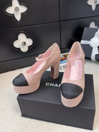CHANEL FLATFORM SANDAL IN LIGHT PINK TWEED AND BLACK FABRIC