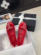 CHANEL MARY JANE SHOES IN CHERRY RED VELVET WITH CRYSTALS LOGO