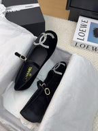 CHANEL MARY JANE SHOES IN BLACK VELVET WITH CRYSTALS LOGO