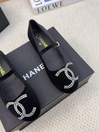 CHANEL MARY JANE SHOES IN BLACK VELVET WITH CRYSTALS LOGO