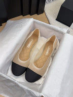 CHANEL BALLET FLAT IN BLACK FABRIC AND BEIGE MESH